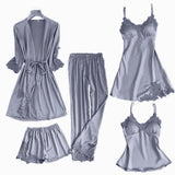 Satin Lace Pajamas Set Women 5PC Strap Top Pants Sleepwear Sleep Suit Spring Autumn Pyjamas Home Wear Nightwear Robe Gown M-XXL