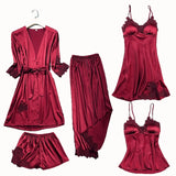 Satin Lace Pajamas Set Women 5PC Strap Top Pants Sleepwear Sleep Suit Spring Autumn Pyjamas Home Wear Nightwear Robe Gown M-XXL