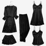 Satin Lace Pajamas Set Women 5PC Strap Top Pants Sleepwear Sleep Suit Spring Autumn Pyjamas Home Wear Nightwear Robe Gown M-XXL