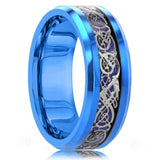 Fashion 8MM Men's Blue Groove Beveled Edge Tungsten Carbide Ring Black Celtic Dragon Blue carbon fibre Ring Men Wedding Band