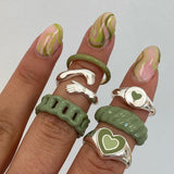 Vintage 6Pcs Green Embrace Hands Rings Set