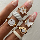 Vintage 6Pcs Green Embrace Hands Rings Set