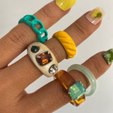 Vintage 6Pcs Green Embrace Hands Rings Set