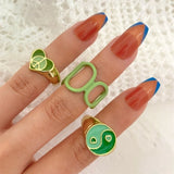 Vintage 6Pcs Green Embrace Hands Rings Set