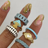 Vintage 6Pcs Green Embrace Hands Rings Set