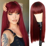 Long Straight Wine Red Wig With Bang Synthetic Wigs for Party