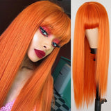 Long Straight Wine Red Wig With Bang Synthetic Wigs for Party