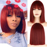 Long Straight Wine Red Wig With Bang Synthetic Wigs for Party