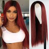 Long Straight Wine Red Wig With Bang Synthetic Wigs for Party